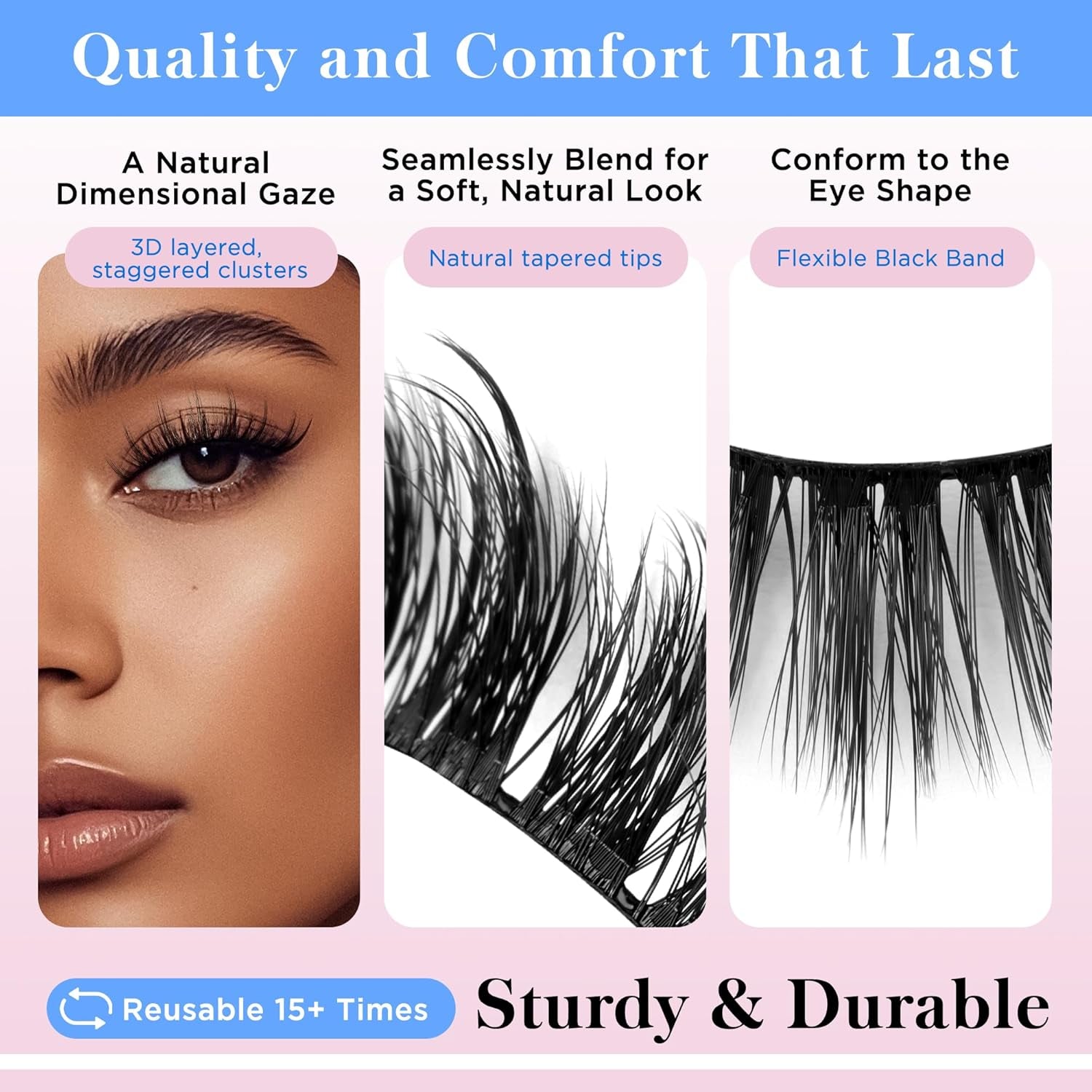 Lashes Natural Look False Eyelashes -  Fake Eyelashes 3D Super Fluffy False Lashes Black Band Wispy Lashes 3-Pack Faux Mink Lashes,Xmz21-3