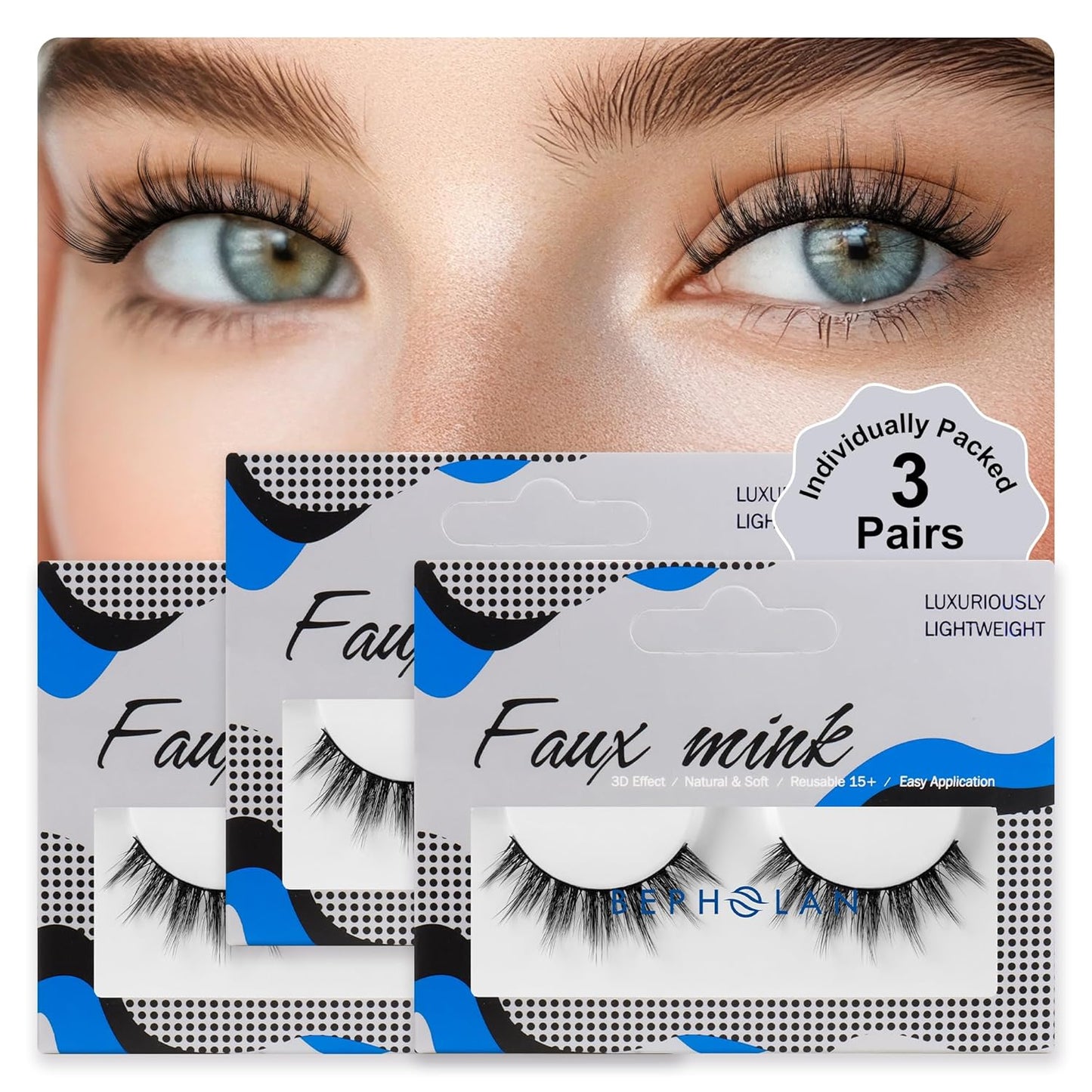 Lashes Natural Look False Eyelashes -  Fake Eyelashes 3D Super Fluffy False Lashes Black Band Wispy Lashes 3-Pack Faux Mink Lashes,Xmz21-3