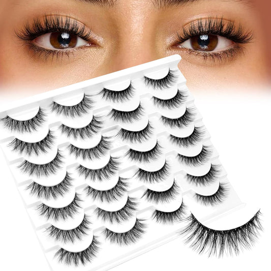 False Eyelashes 14 Pairs Eye Lash Pack Natural Look,3D Fluffy False Lashes Soft Band Faux Mink Eyelash Strips Thick Fake Cat Eye Lashes(Cj02)